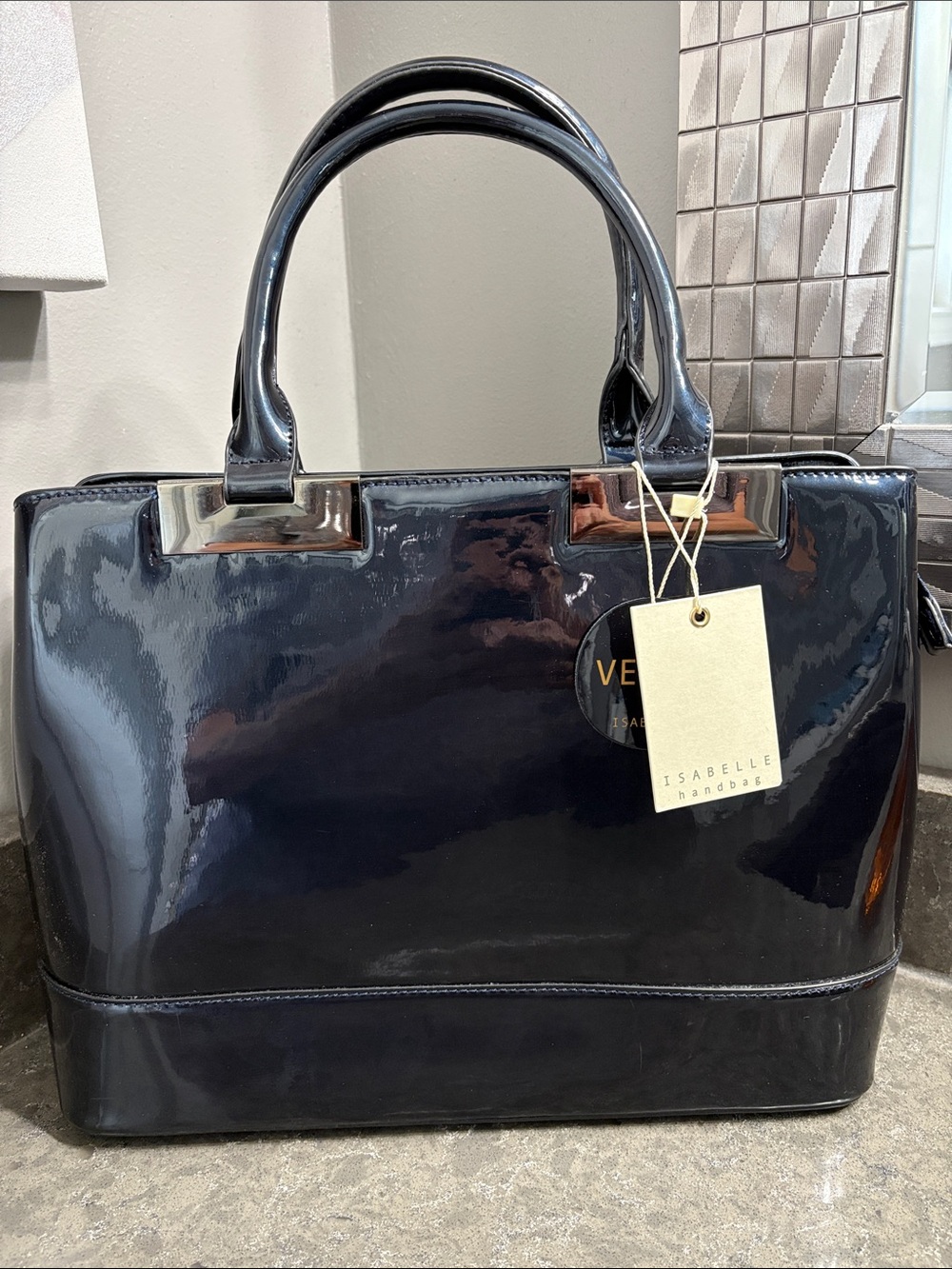Isabelle Navy Patent Leather Hamdbag